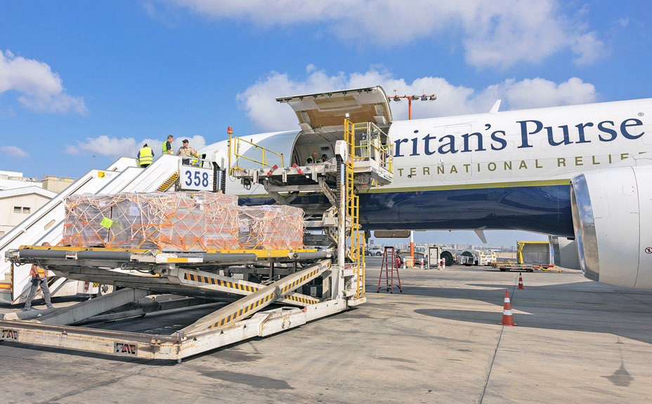Samaritan's Purse airplane being loaded with supplies to bring relief to those in Gaza