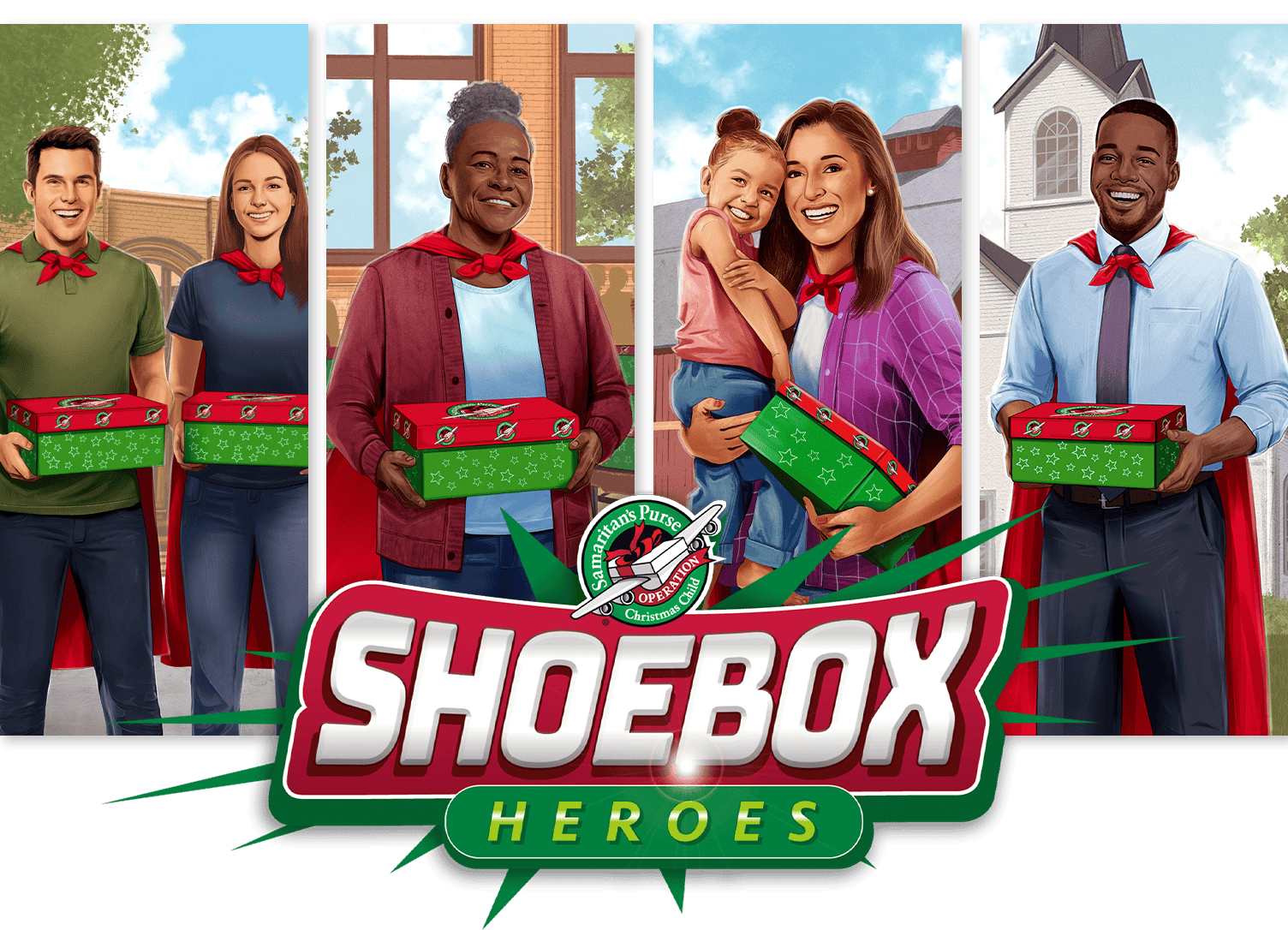 Five individuals smiling while wearing a red cape and holding an Operation Christmas Child shoebox behind a title graphic. HEADLINE: Shoebox Heroes