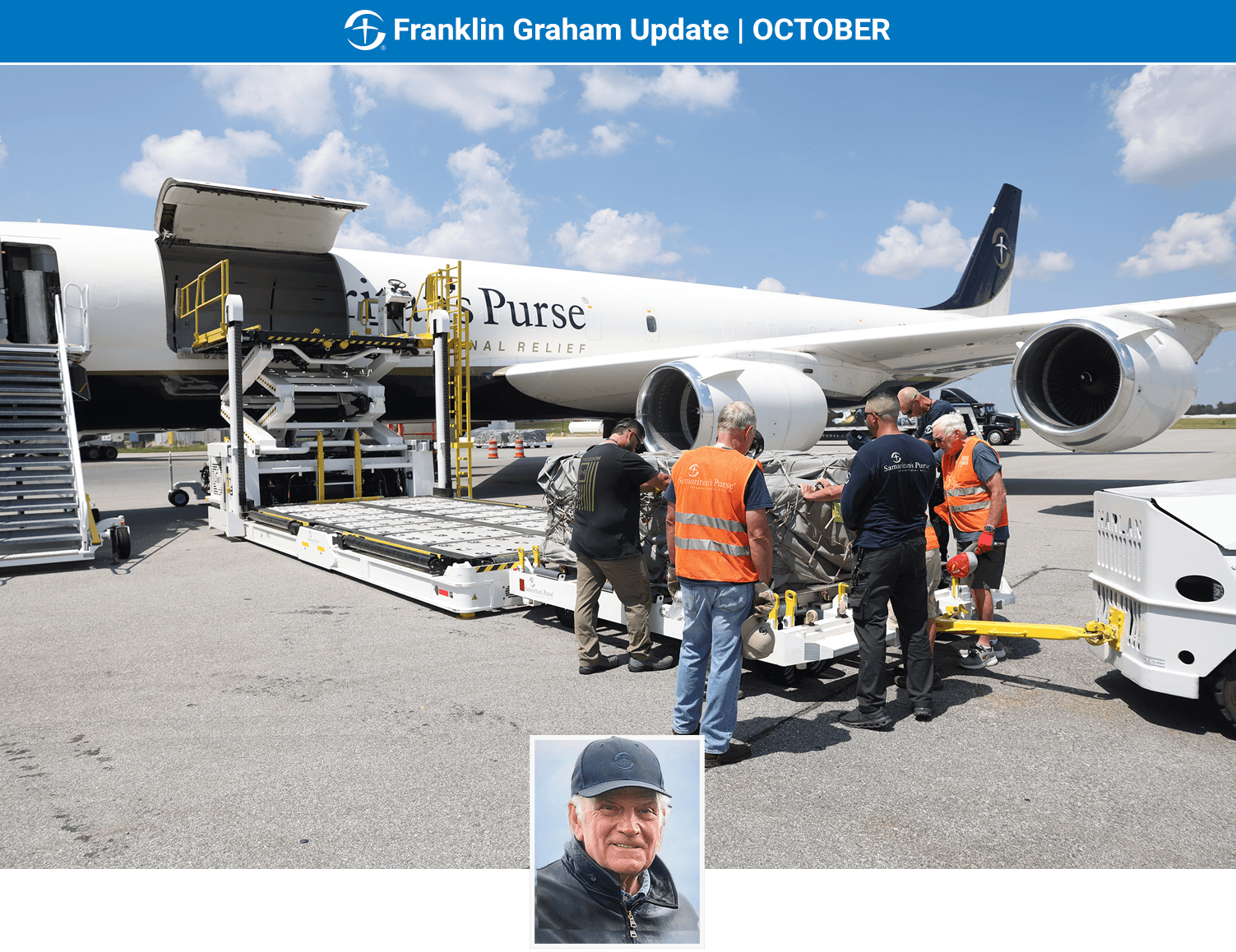 a crew praying over relief materials headed to Gaza on the Samaritan's Purse DC-8 aircraft