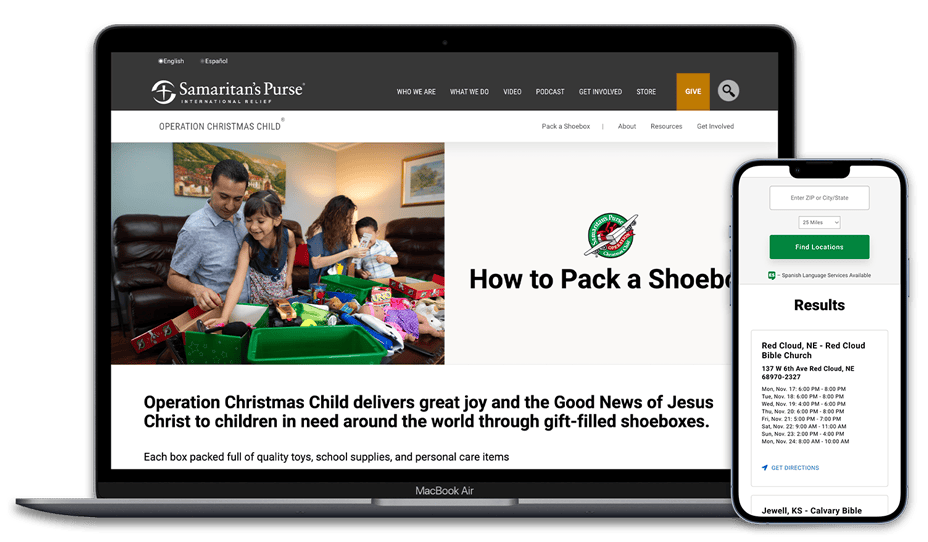 Laptop with How to Pack a shoebox page on screen and mobile phone with a drop-off location search tool