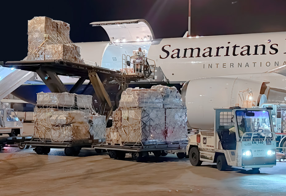Samaritan's Purse team loading the 767 with supplies