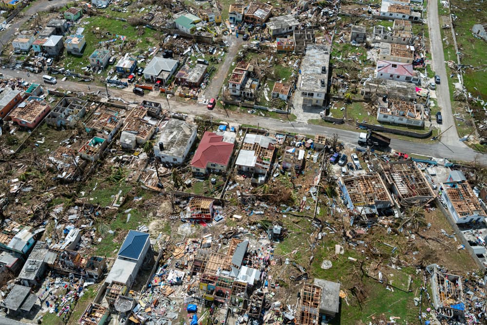 Aerial photo showing extensive hurricane damage to homes and streets across Jamaica after Hurricane Melissa.