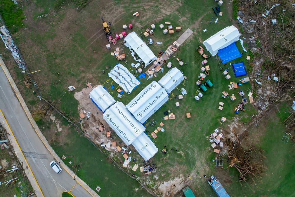 Aerial view of Samaritan’s Purse Emergency Field Hospital tents and equipment being set up in Black River, Jamaica, after Hurricane Melissa.