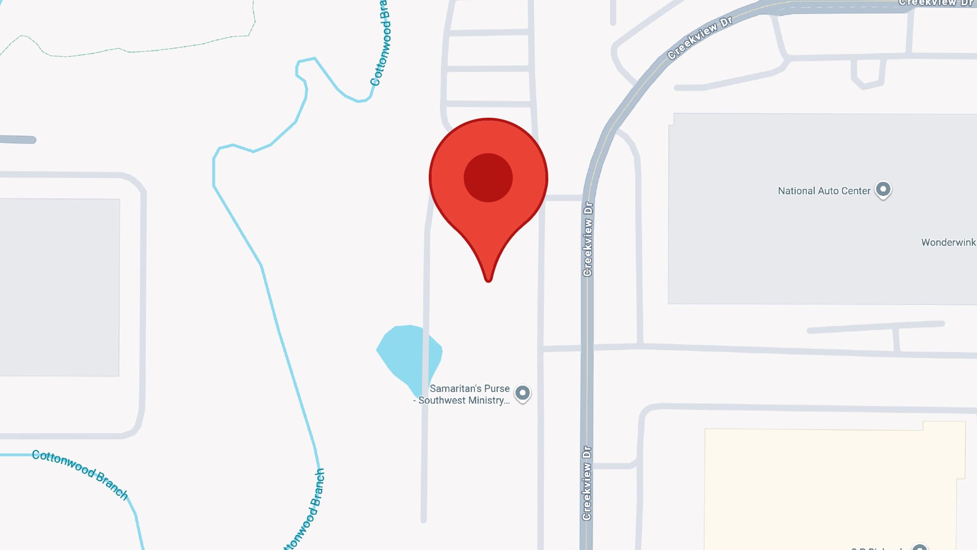 Map with a pin for Operation Christmas Child in Dallas, Texas