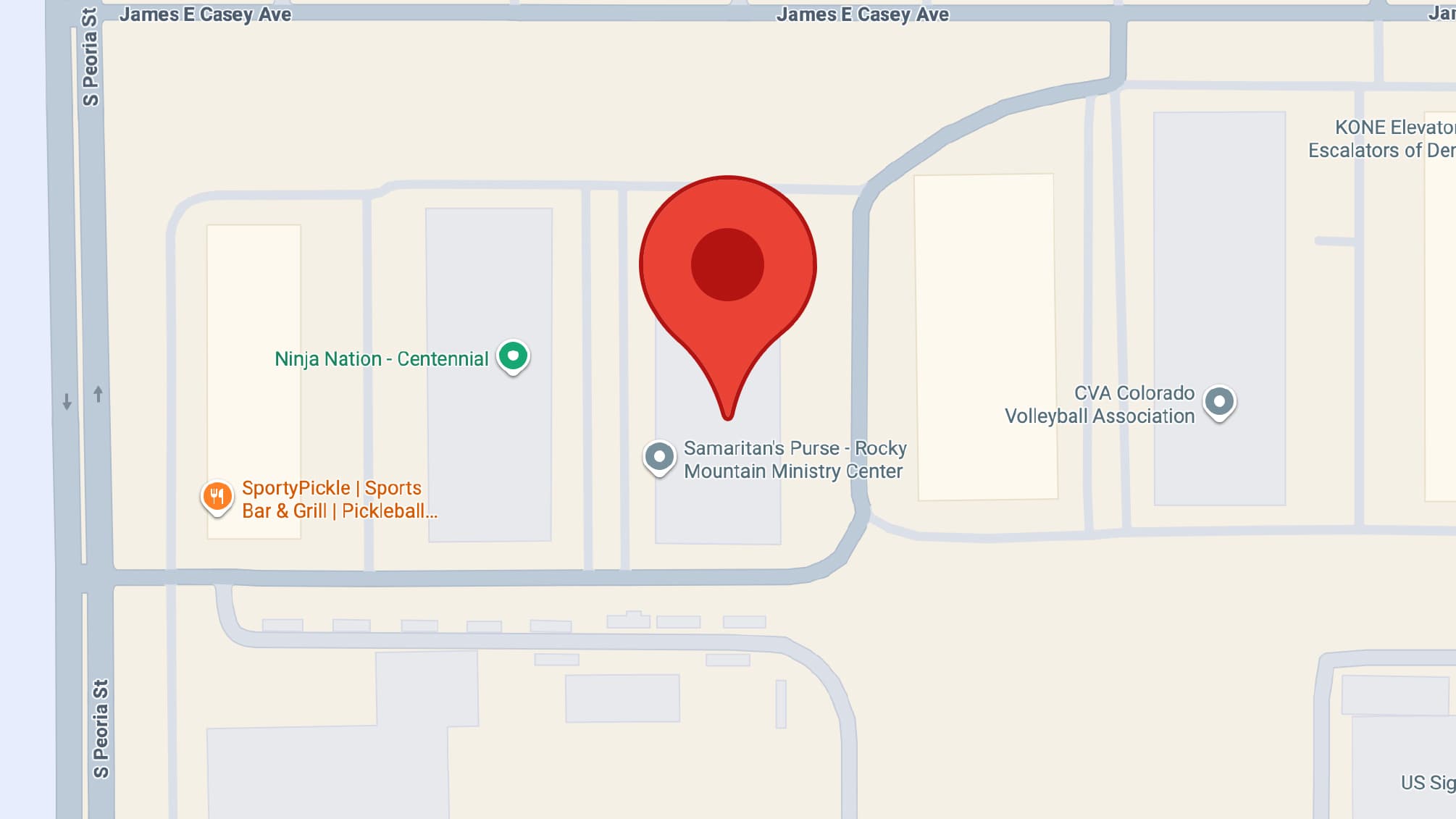 Map with a pin for Operation Christmas Child in Denver, Colorado