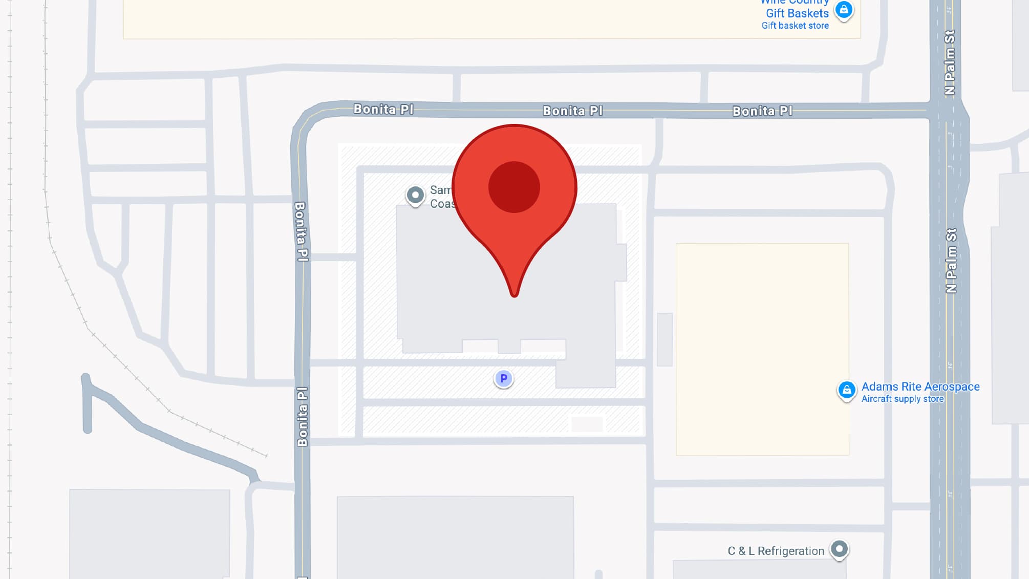Map with a pin for Operation Christmas Child in Fullerton, California