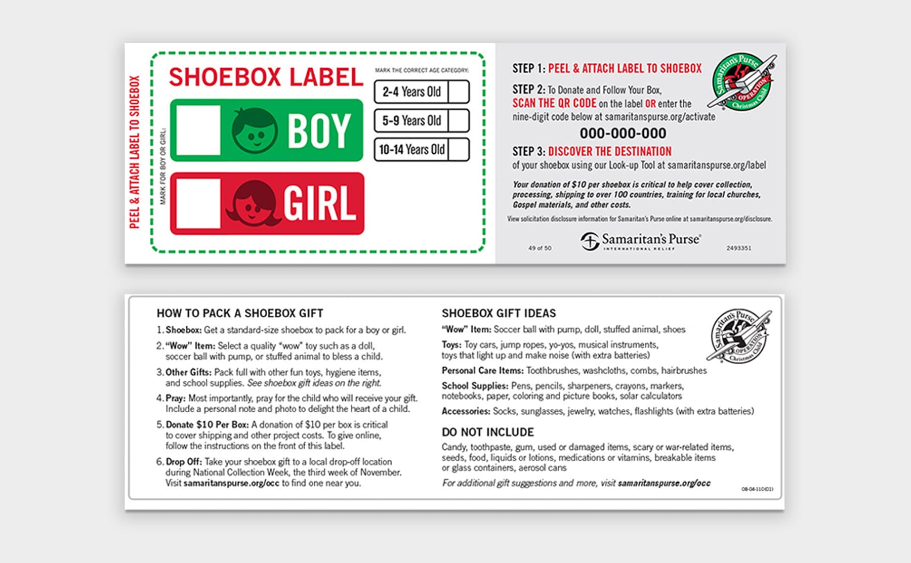 Adhesive shoebox labels for Operation Christmas Child