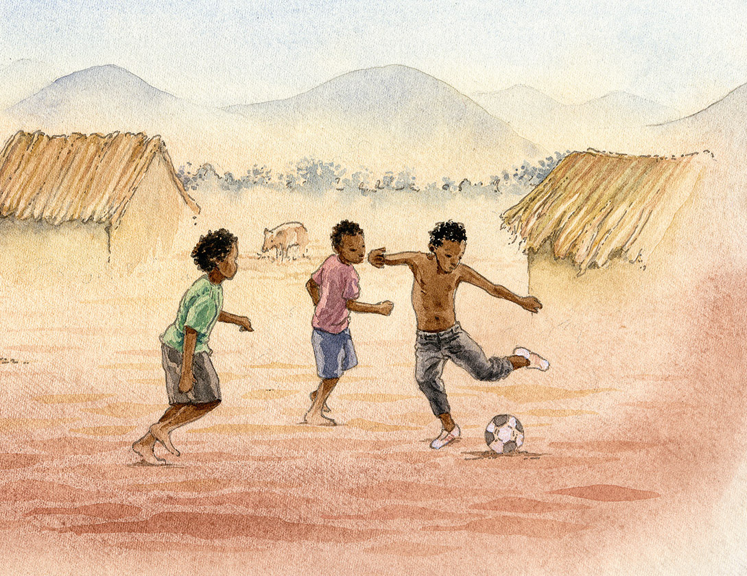 a watercolor painting of children in the Bara community playing with a soccer ball