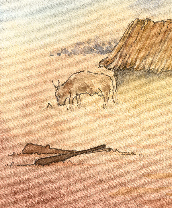 a watercolor painting of the childrens' toy guns left behind