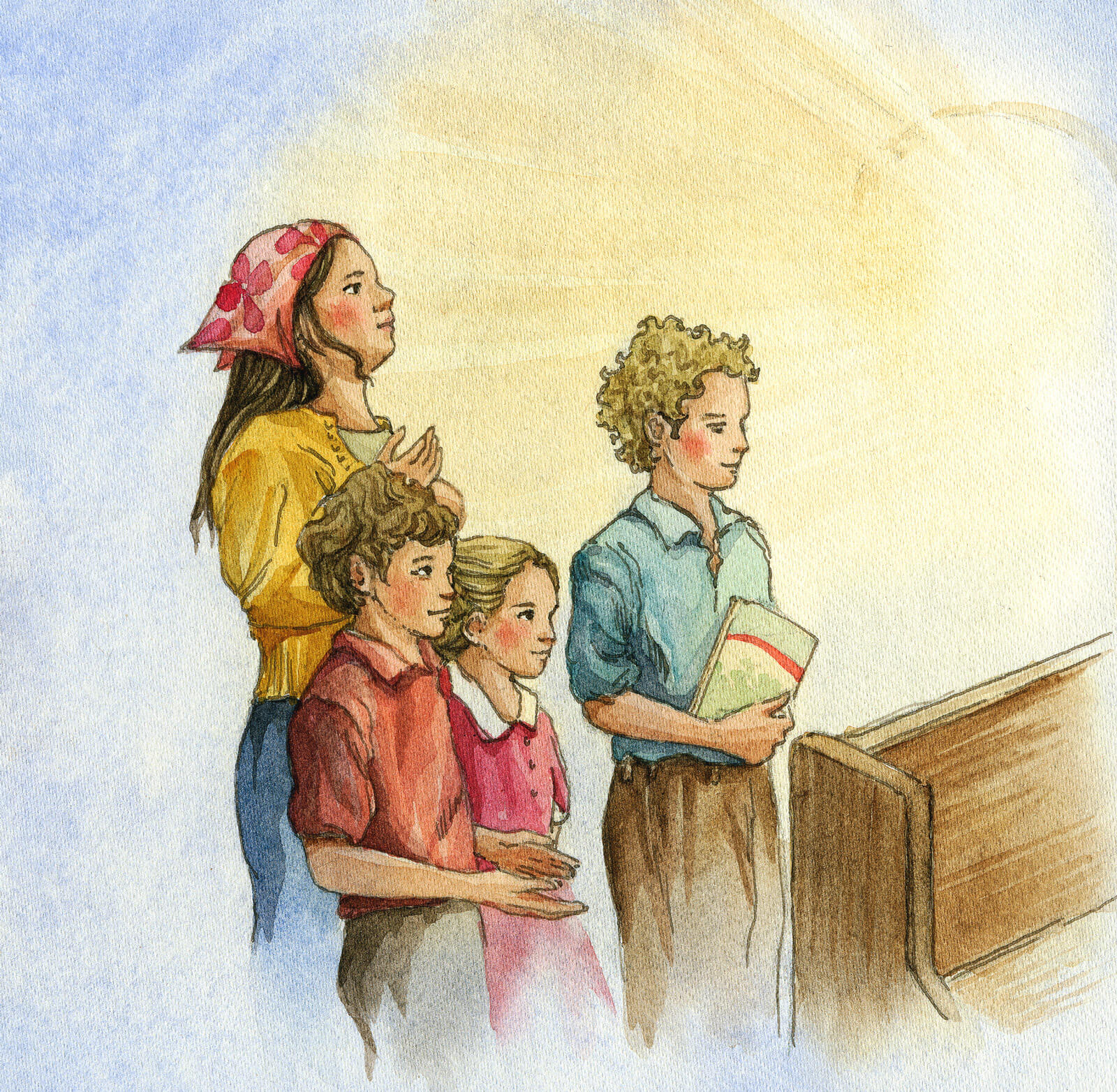 a watercolor paintin of Danu and her family in church worshipping