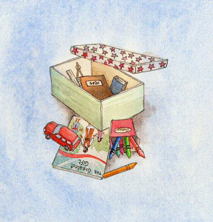 a watercolor painting of an open Operation Christmas Child shoebox full of toys