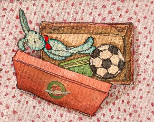 a watercolor painting of an open Operation Christmas Child shoebox full of toys