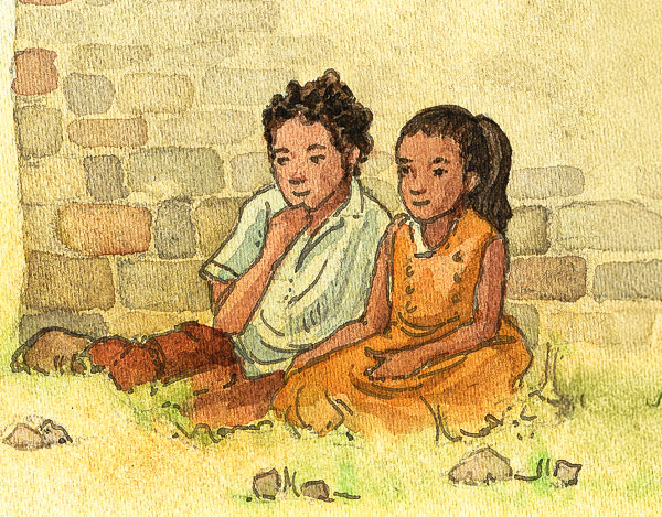 a watercolor painting of two children sitting