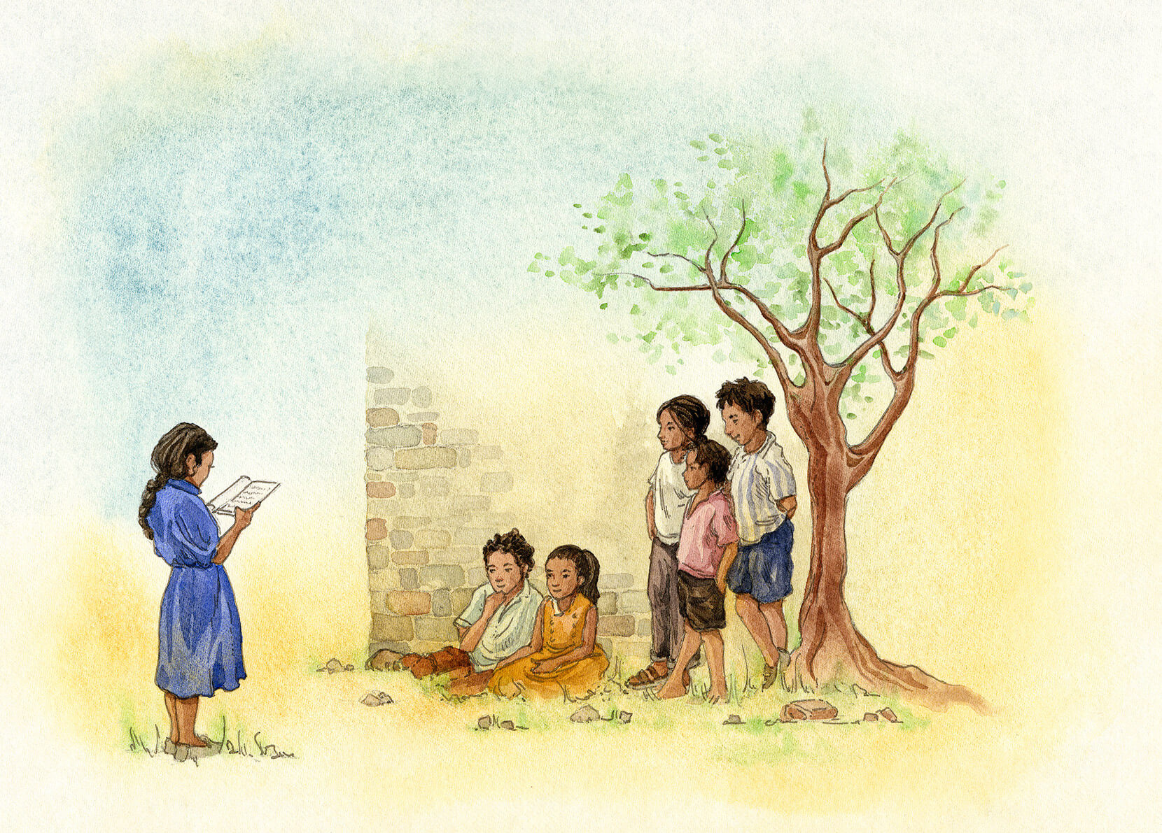 a watercolor painting of Mariya reading The Greatest Journey to her friends