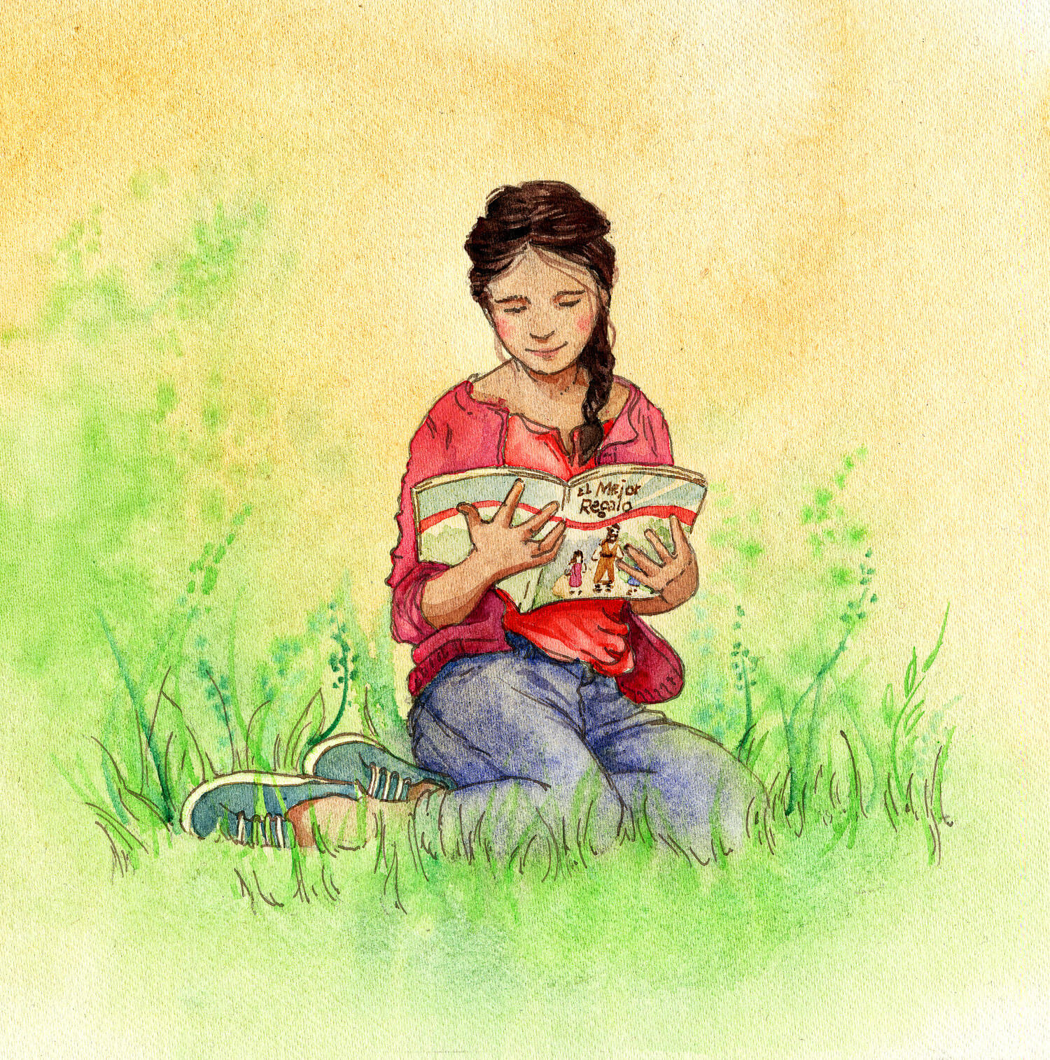 a watercolor painting of Erika sitting and reading The Greatest Journey