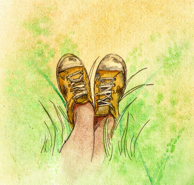a watercolor painting of Erika's old and worn shoes