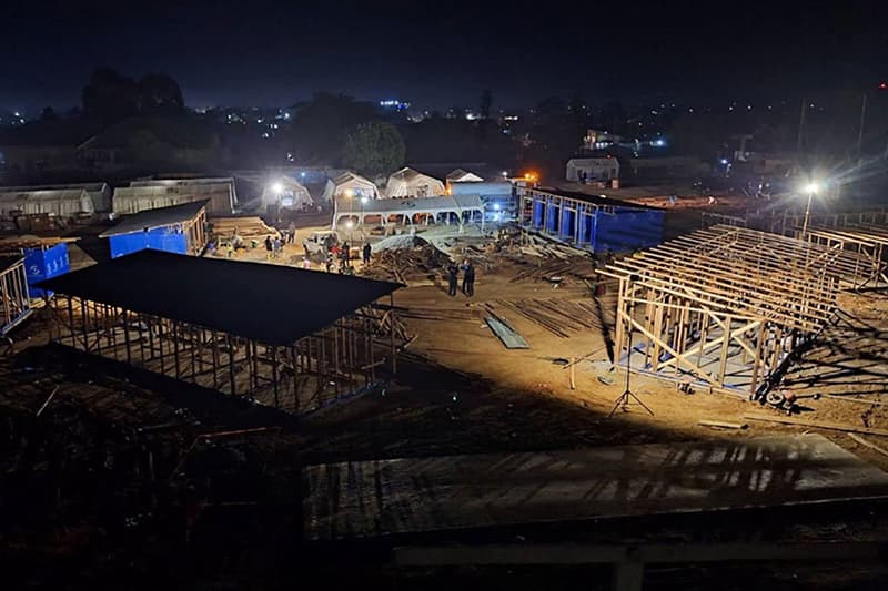 A nighttime aerial view of the Ebola Treatment Center in Bunia shows the progress of our construction of the facility where Ebola patients will be treated by medical teams.