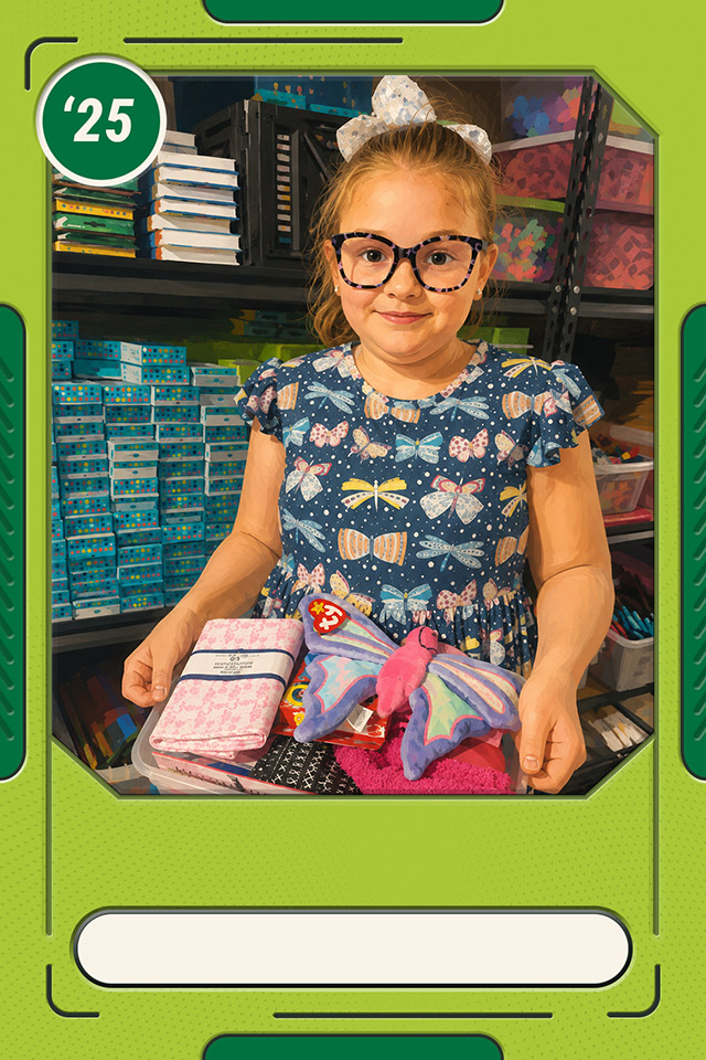 Trading card graphic with photo of Abigail