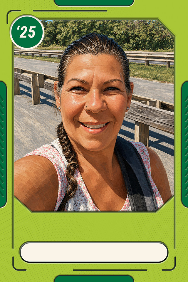 Trading card graphic with photo of Sue Luma