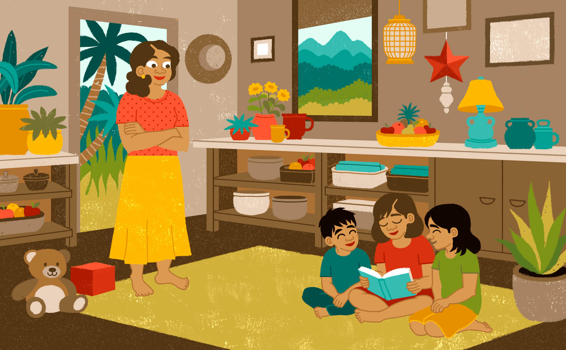 Rhonda watches on as Naomi reads her Bible to her neighbor friends