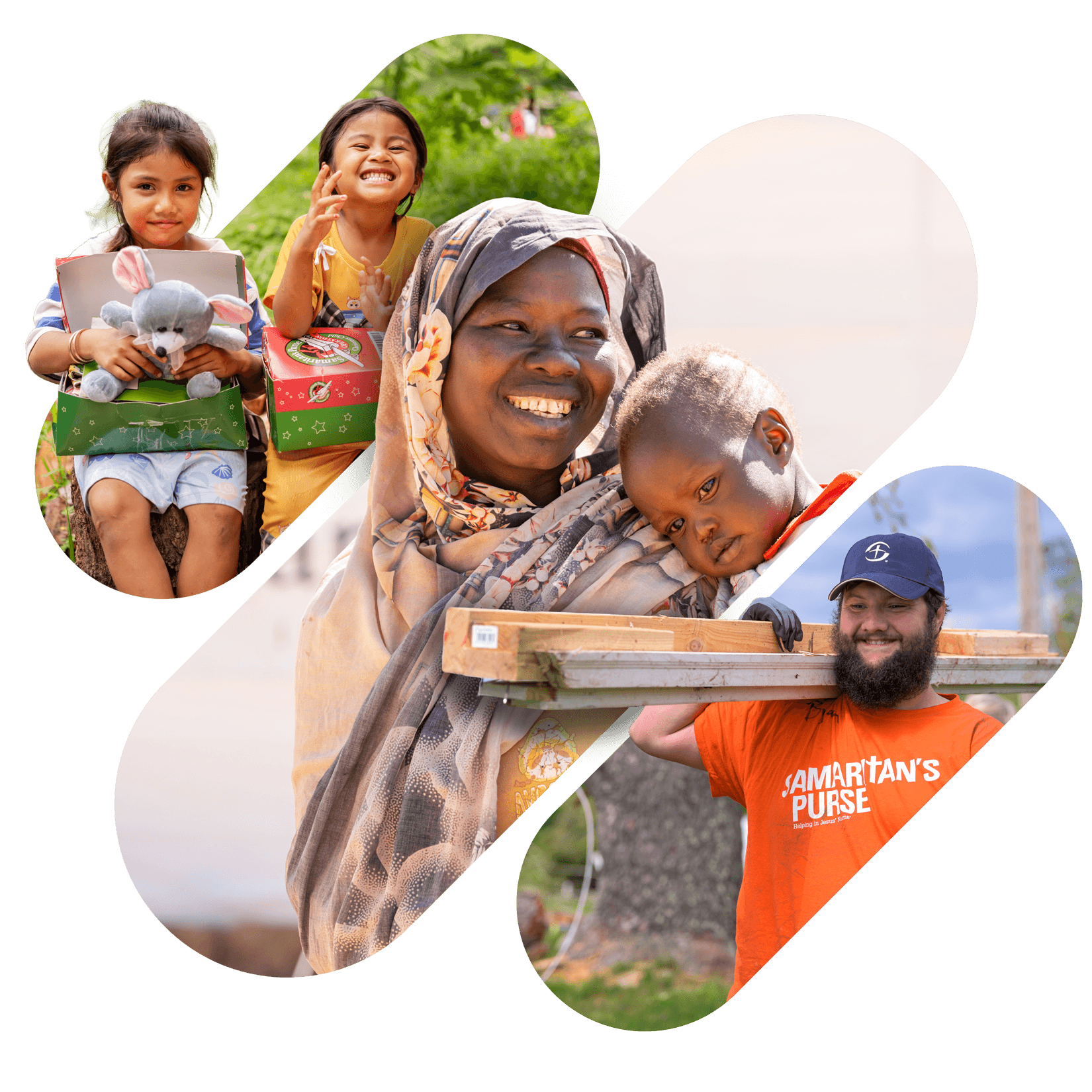 Collage of images including two young girls smiling holding Operation Christmas Child shoeboxes, a mother holding her child and smiling, and a volunteer in an orange Samaritan's Purse shirt carrying lumber on his shoulder
