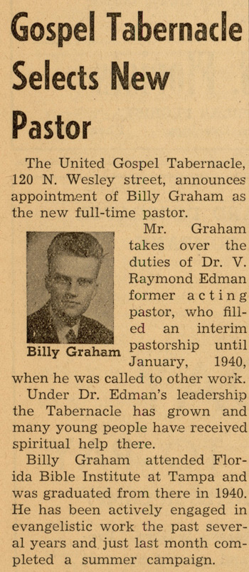 Newspaper clipping, Gospel Tabernacle Selects New Pastor.